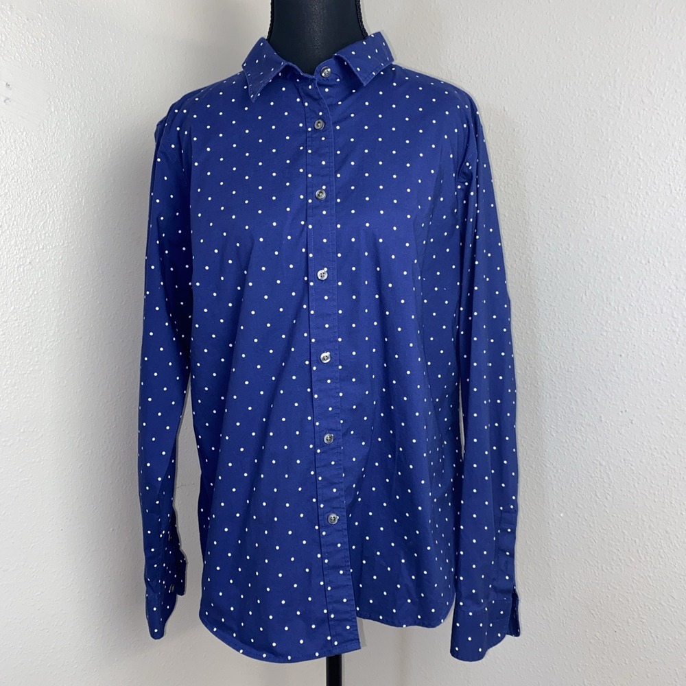 L.L Bean Button Down Shirt Women's Large Navy Polka Dot Long Sleeve